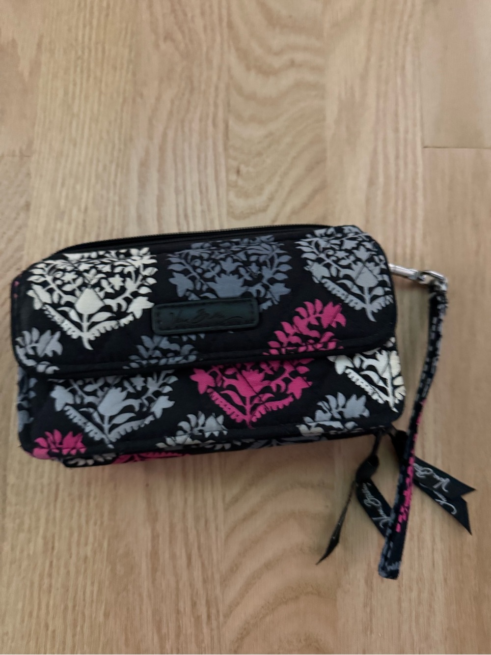 Vera Bradley Black Floral Wristlet Clutch with Pink and Gray Accents